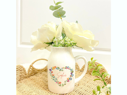 Personalised Ceramic Jug Vase - Heart Floral Border