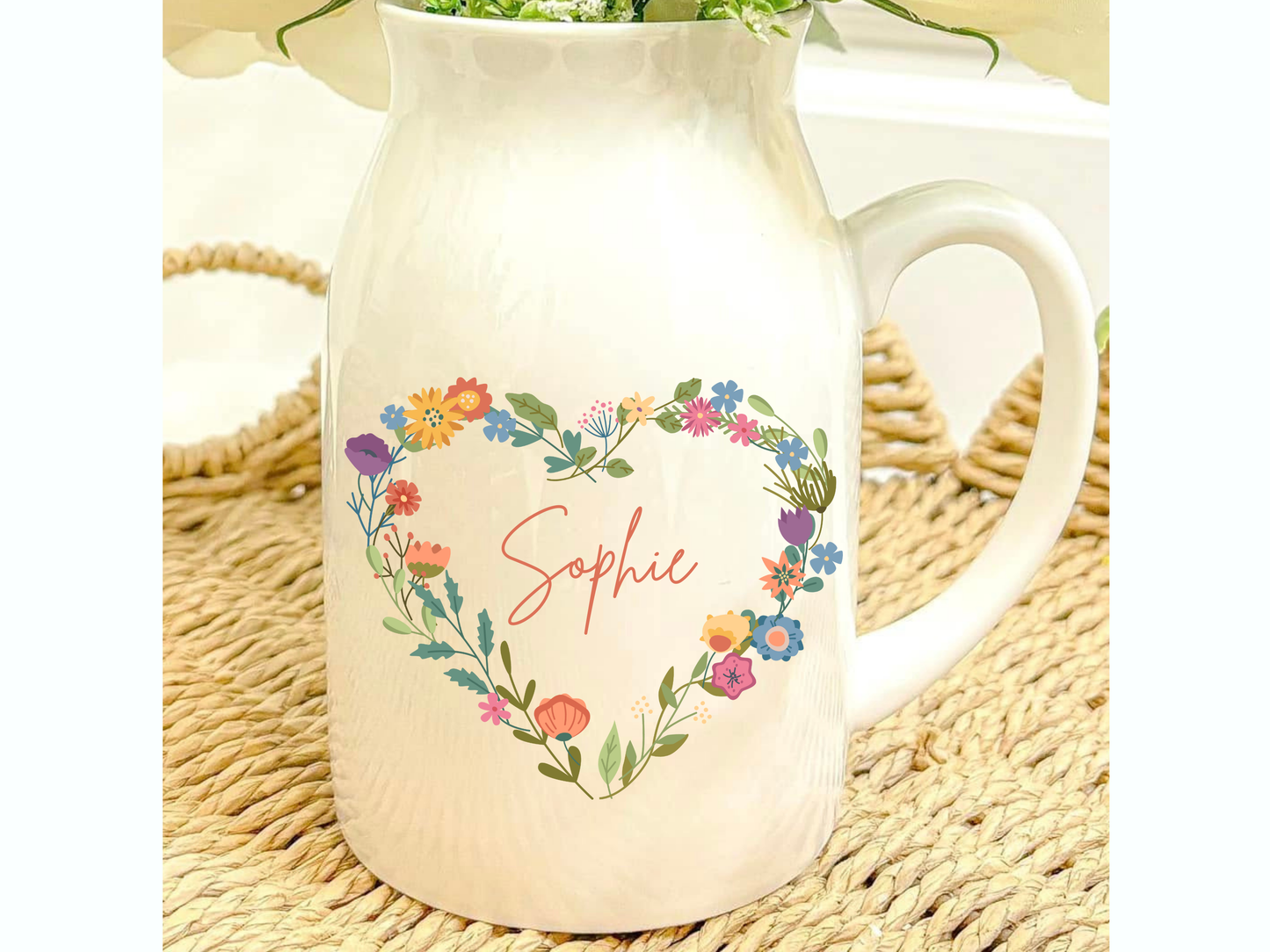 Personalised Ceramic Jug Vase - Heart Floral Border